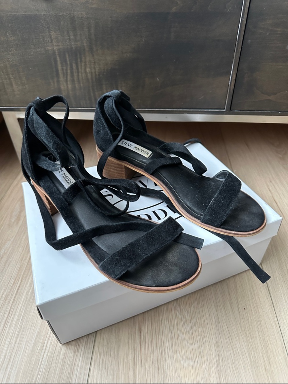 Steve Madden Black Suede Wrap-Ankle Block Heel Sandals